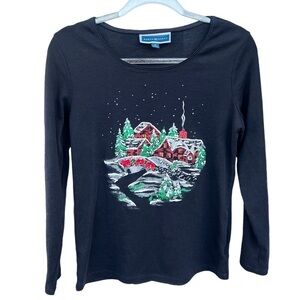 Karen Scott Embellished Winter Cottage Glitter Shirt Black Red Long Sleeve Med